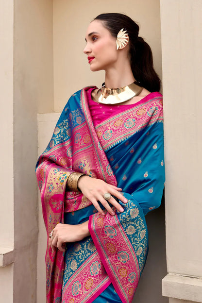 Teal blue color banarasi silk saree for women with online
