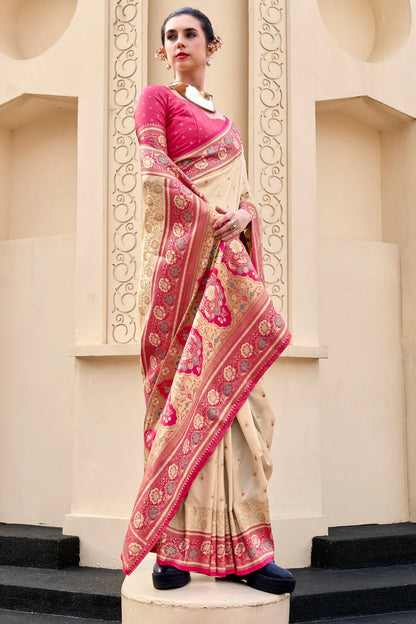 Beige color banarasi silk saree for women