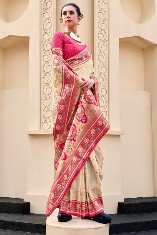 Beige color banarasi silk saree for women