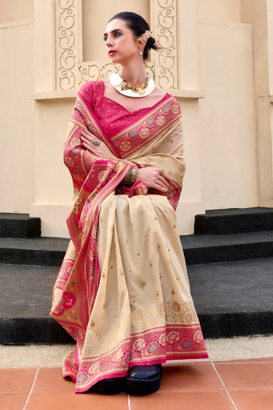 Beige color banarasi silk saree for women with price