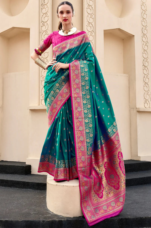 Teal green color banarasi silk saree for women