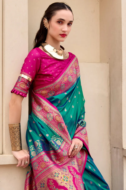 Teal green color banarasi silk saree for women with price 