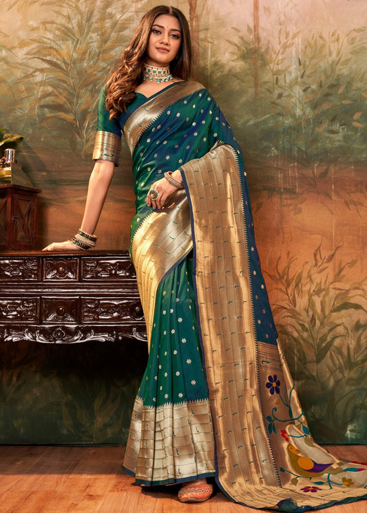 Dark green color paithani silk saree for women with price
