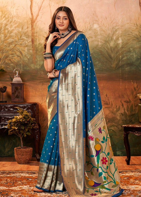 Peacock blue color paithani silk saree for women price
