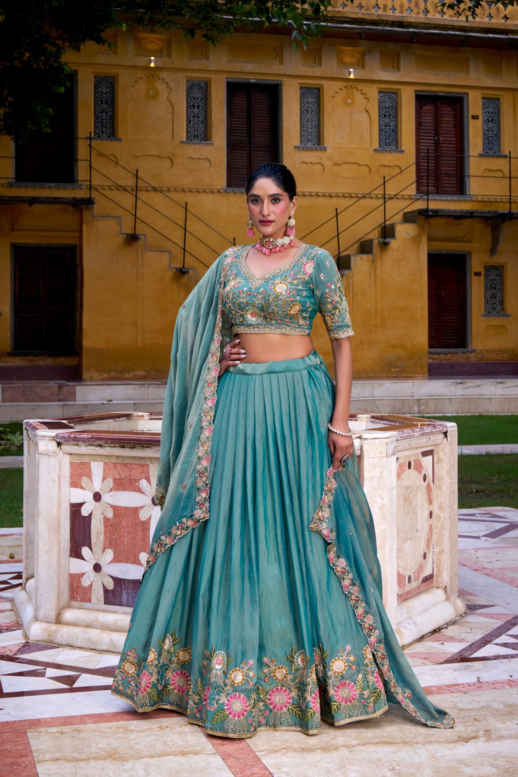 Sea Blue Zari Shimmer Readymade Party Lehenga Choli