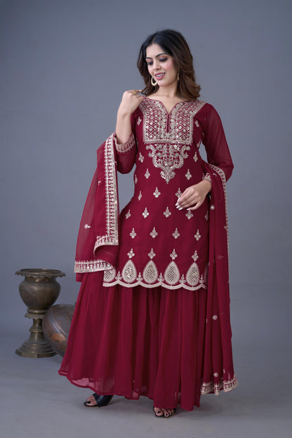 Maroon color georgette sharara suit with dupatta price