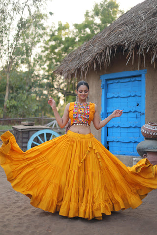 Navratri Wear Stitched Red Rayon Lehenga Choli For Women