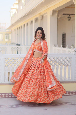 Wedding wear Orange Color Viscose Jacquard lehenga choli price