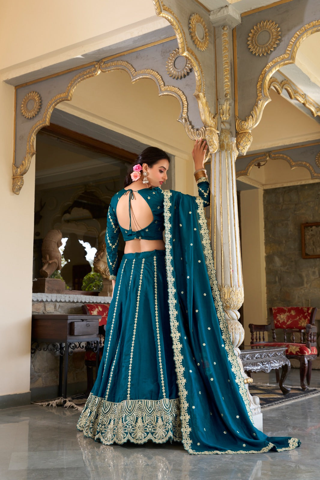 Firozi color vichitra silk lehenga choli with dupatta price