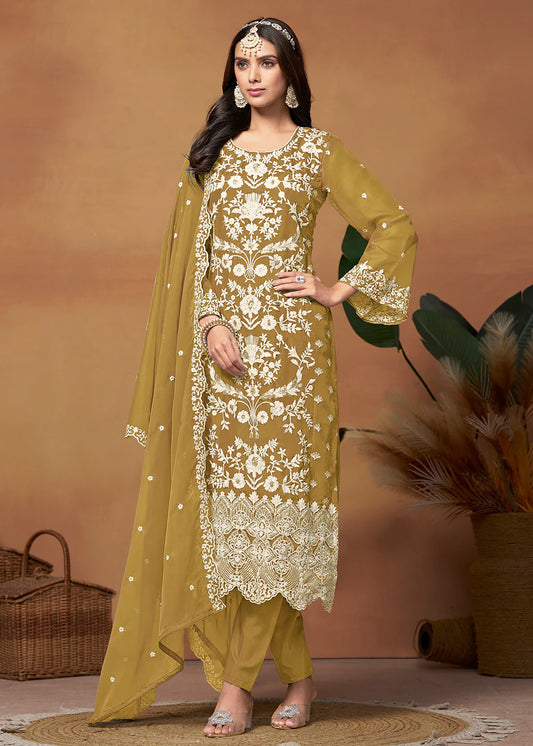 Mustard color organza salwar suit for women