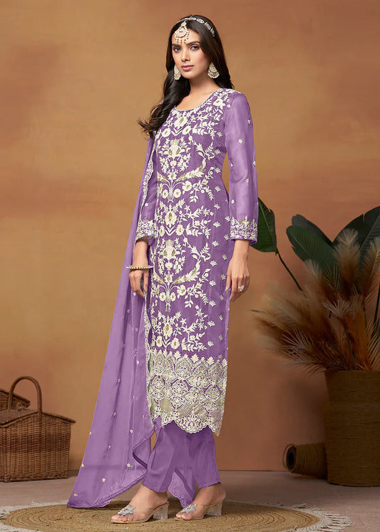 Purple color organza salwar suit for wedding