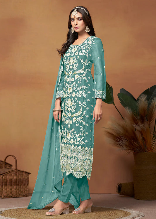 Trendy Rama Color Organza Salwar Suit For Wedding Guest Wear