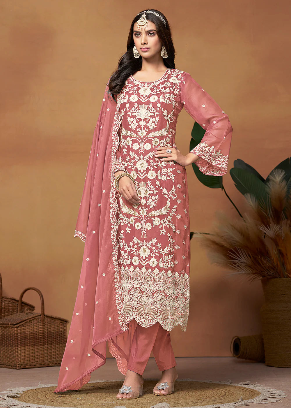 Peach color organza salwar suit for women