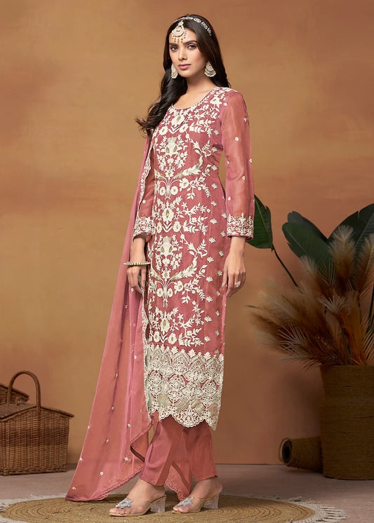 Peach color organza salwar suit for wedding