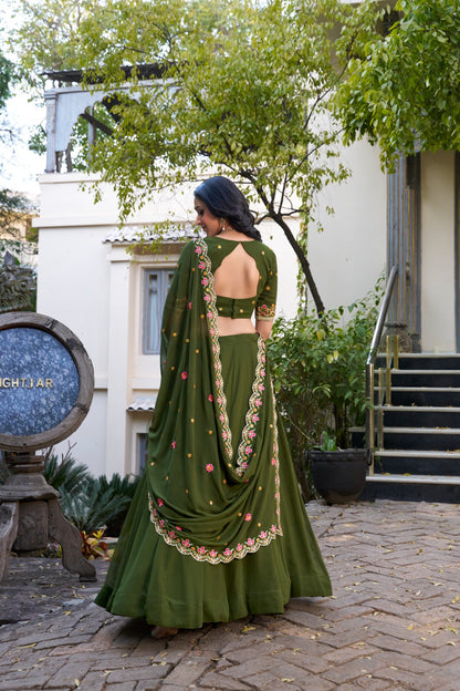 Mehendi color georgette weaving lehenga choli images
