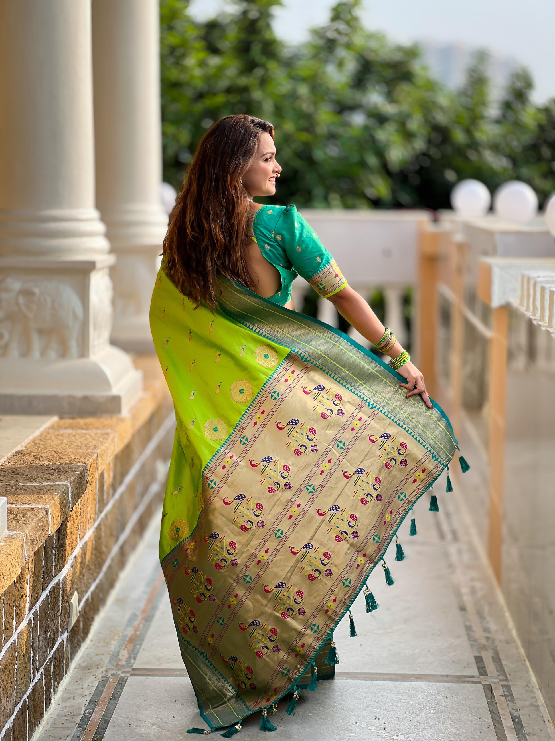 Parrot green paithani silk saree for women online
