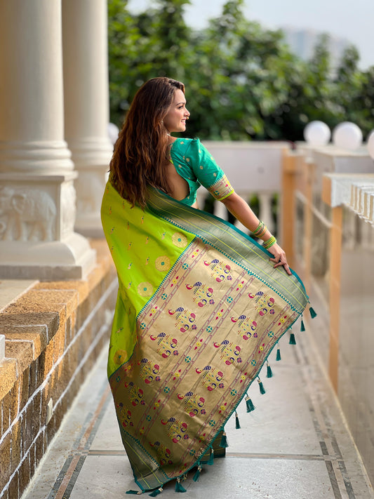 Parrot green paithani silk saree for women online
