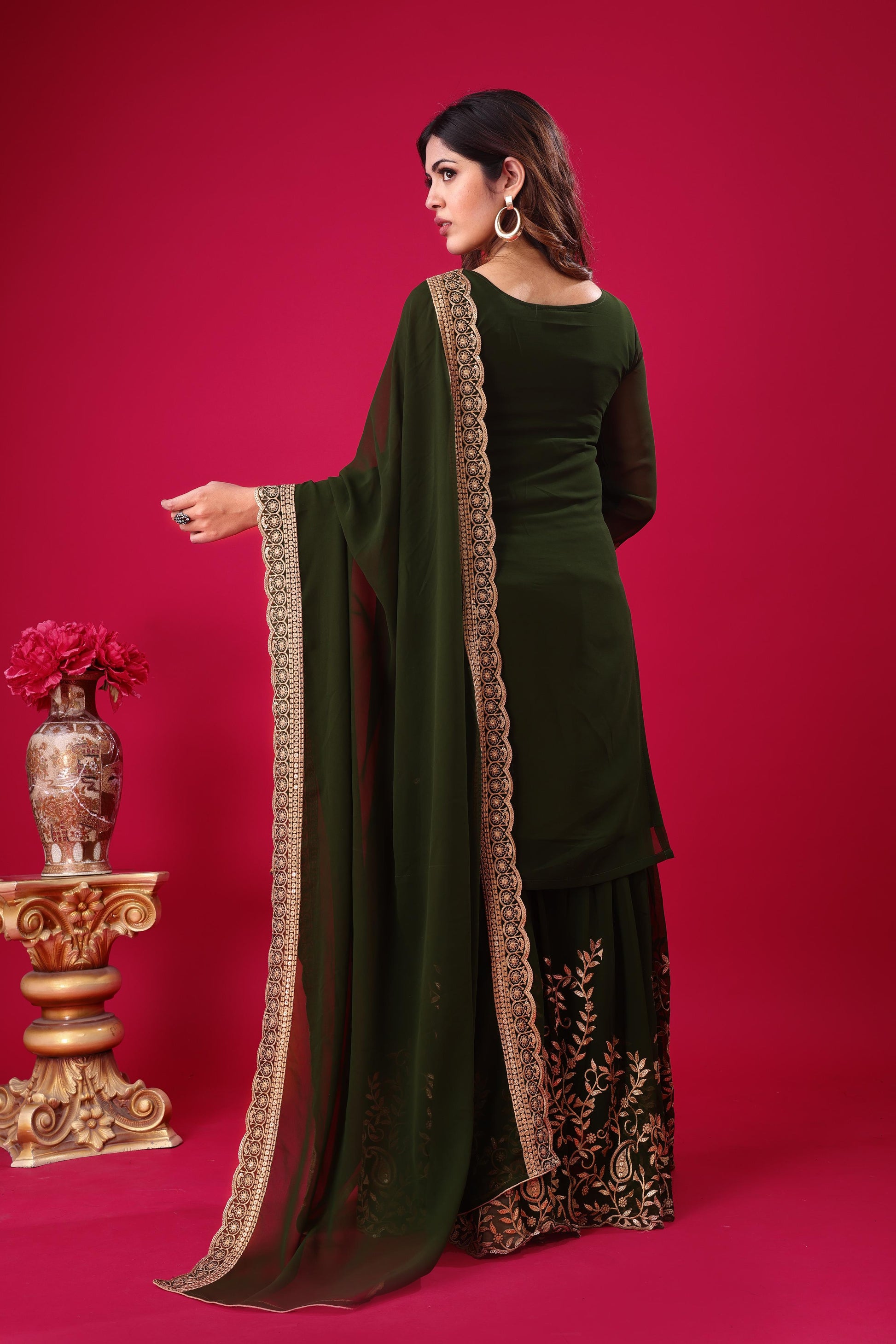 Green color georgette sharara suit with dupatta price 