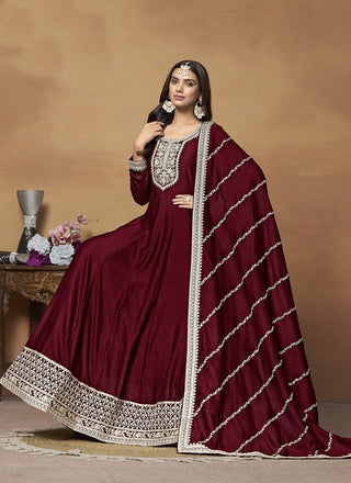 Long maroon embroidery work gown for women
