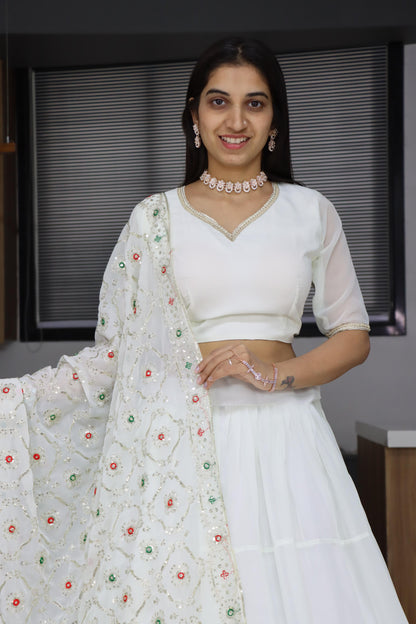 White color georgette lehenga choli for wedding
