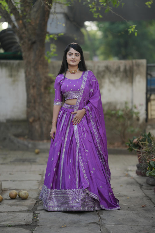 Purple color chinon lehenga choli for women