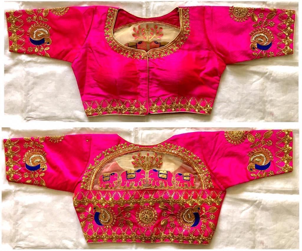 Pink color malbari silk embroidery work blouse design