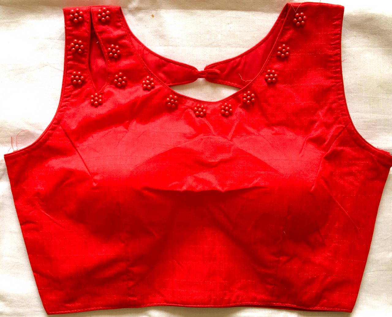 Red color phantom silk moti work sarees blouse 