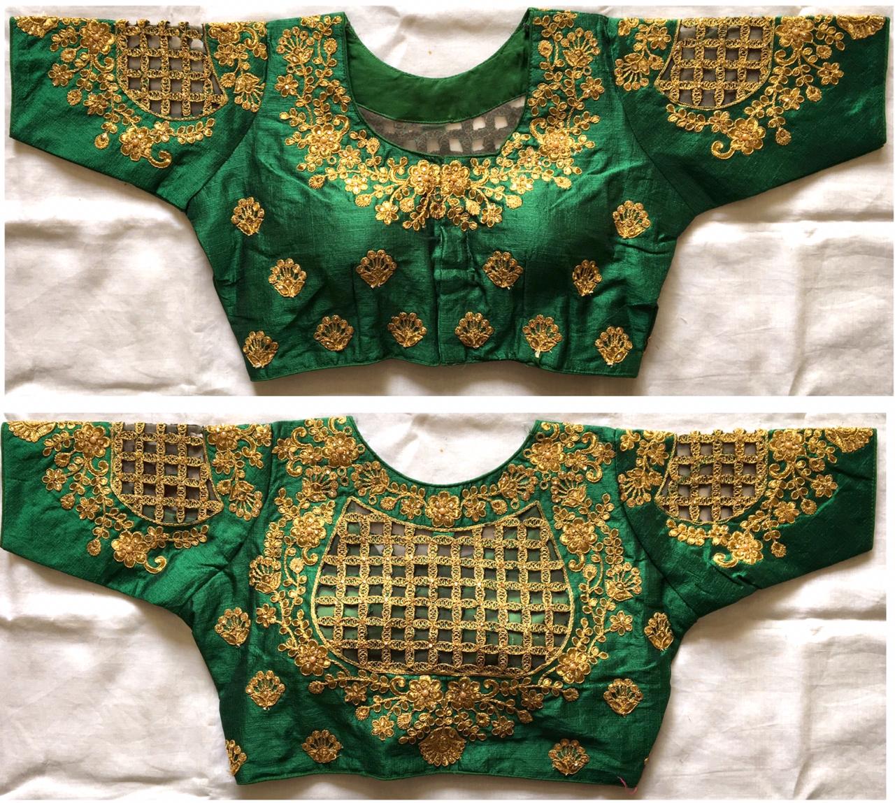 Green color phantom silk hand work sarees blouse for wedding