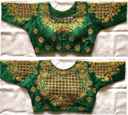 Green color phantom silk hand work sarees blouse for wedding