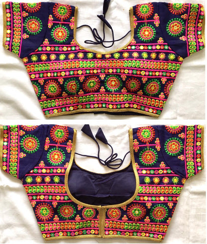 Purple color silk mirror work navratri blouse design