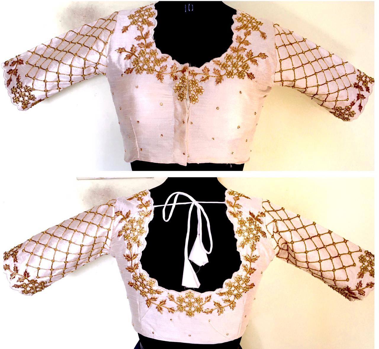 Light pink color silk hand work blouse design