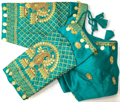 Rama color silk codding work sarees blouse for wedding