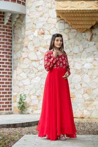 Long red georgette gown for women
