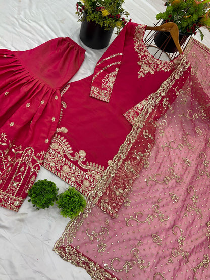 Pink color shimmer silk sharara suit for women