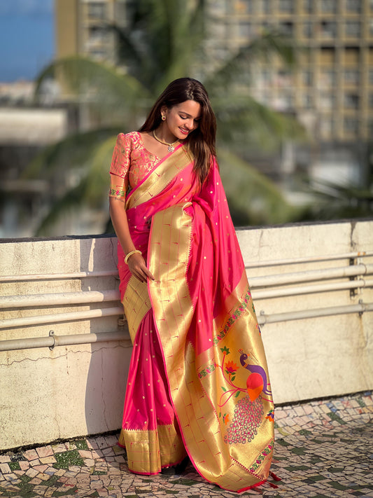 Pure pink color paithani silk saree for women
