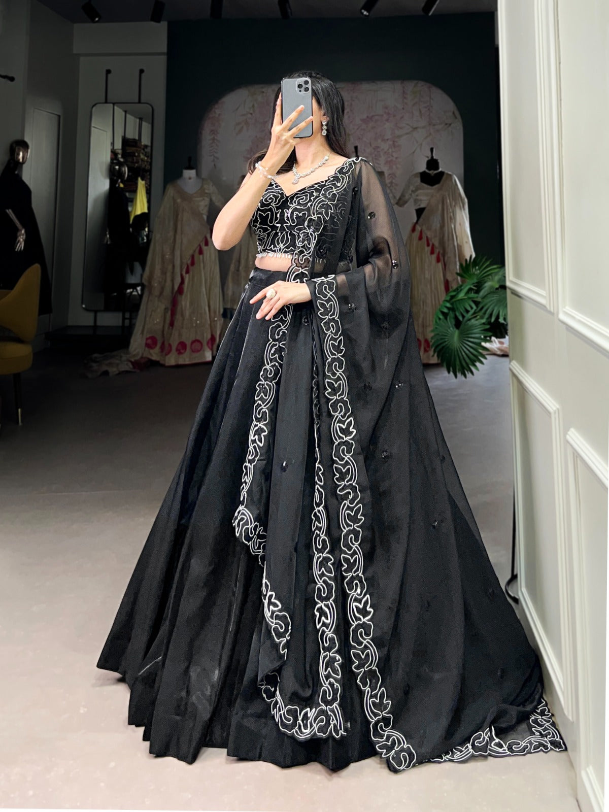 Black color star satin lehenga choli for women