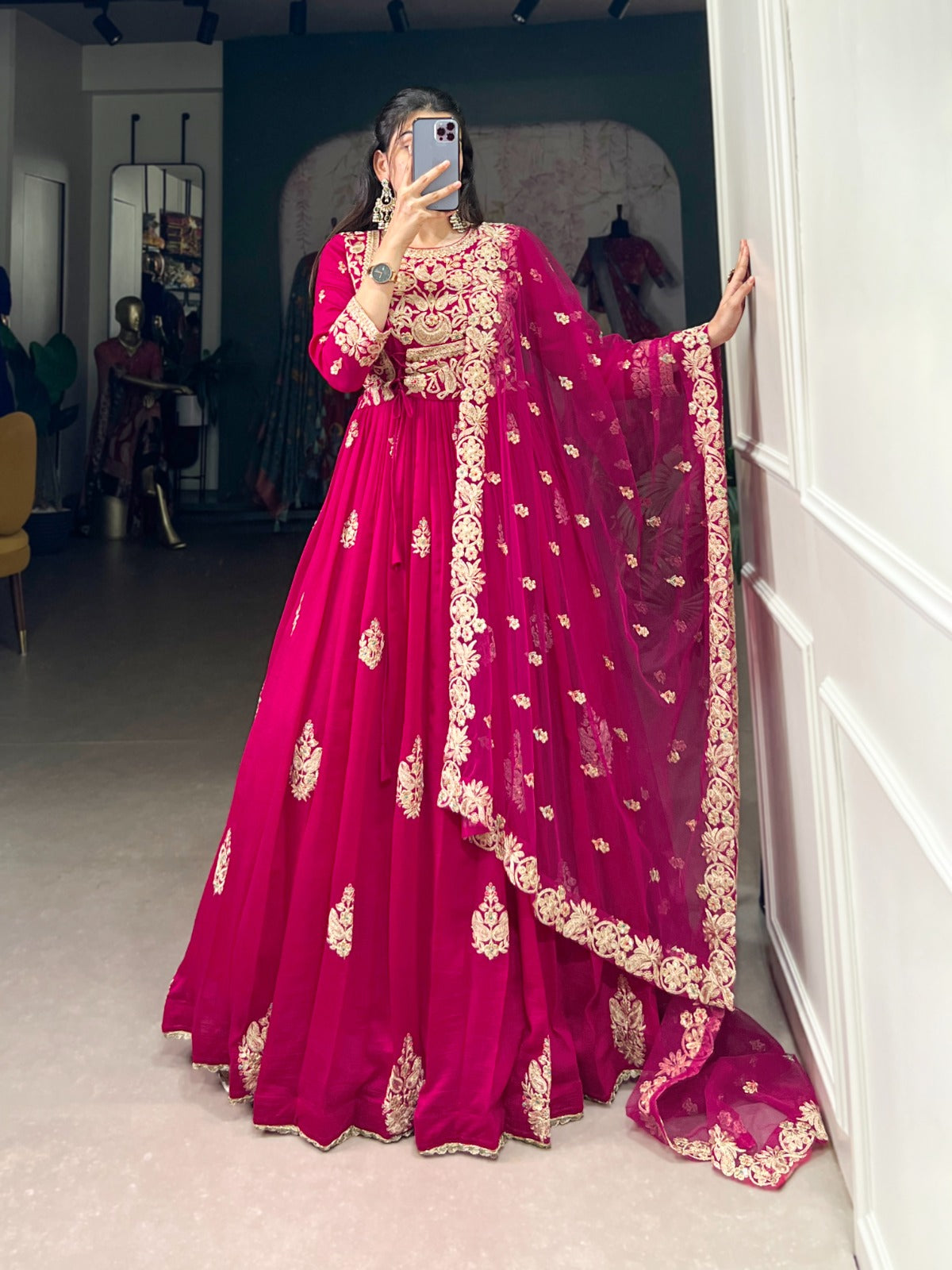 Rani pink color vichitra silk long gown with dupatta images