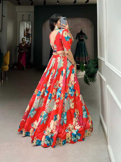 Red color tussar silk lehenga with blouse images
