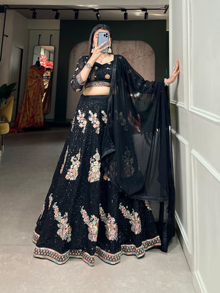 Simple black georgette plain with sequins and thread embroidery work lehenga choli