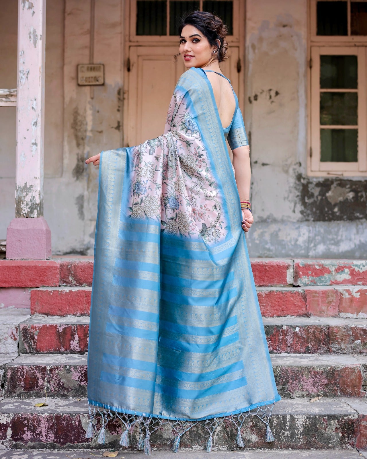 Light pink color banarasi silk saree with blouse design