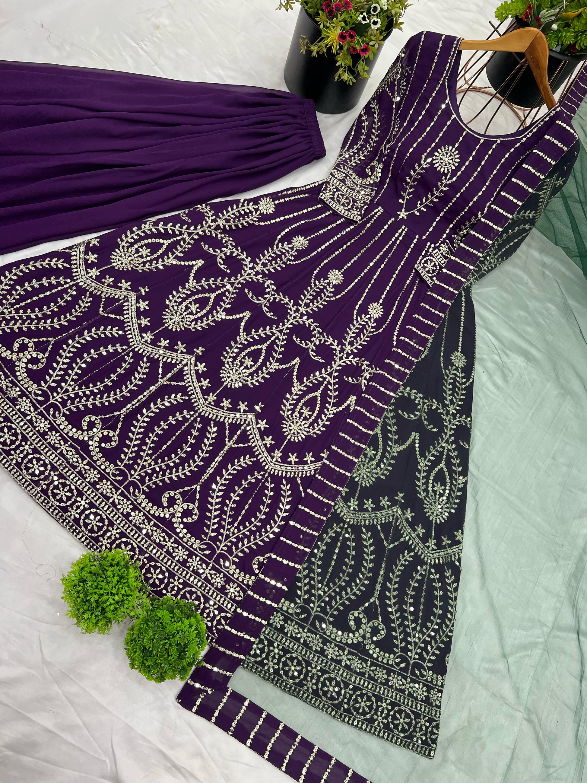 Purple color georgette sharara suit with dupatta 