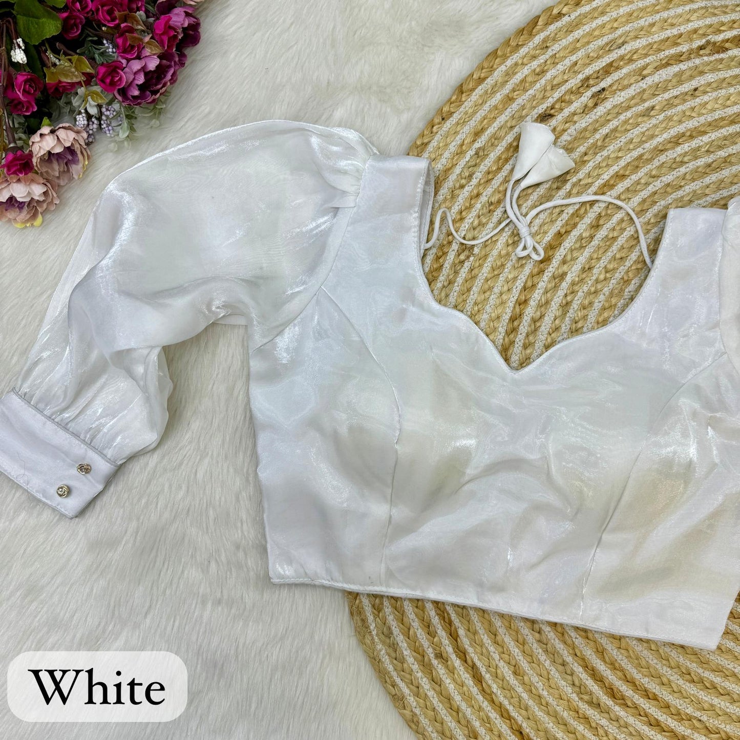 Heavy Silk Zimichoo Balloon Sleeve Desginer White  Blouse 