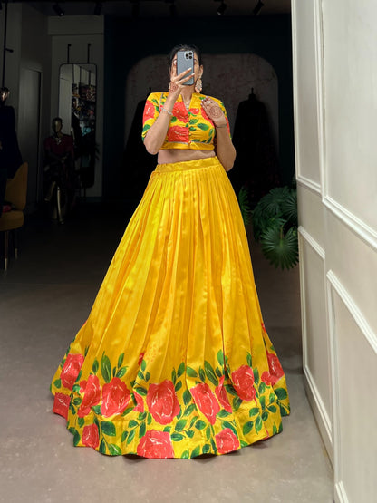 Yellow color tussar silk floral design lehenga choli for women