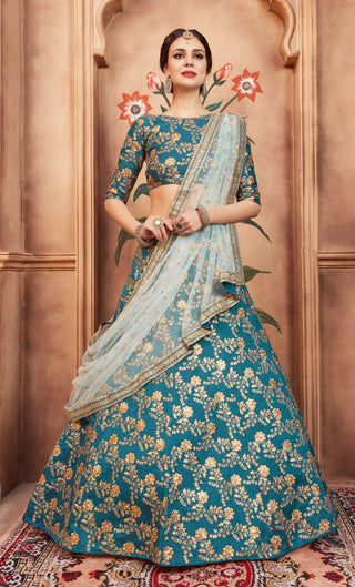 art silk rama green lehenga engagement look