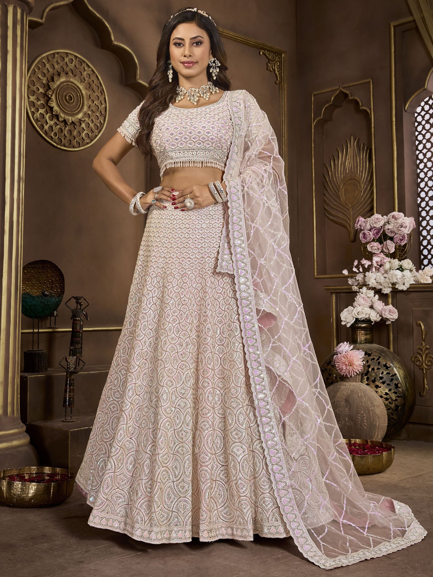 Baby pink color premium net lehenga choli for women with price
