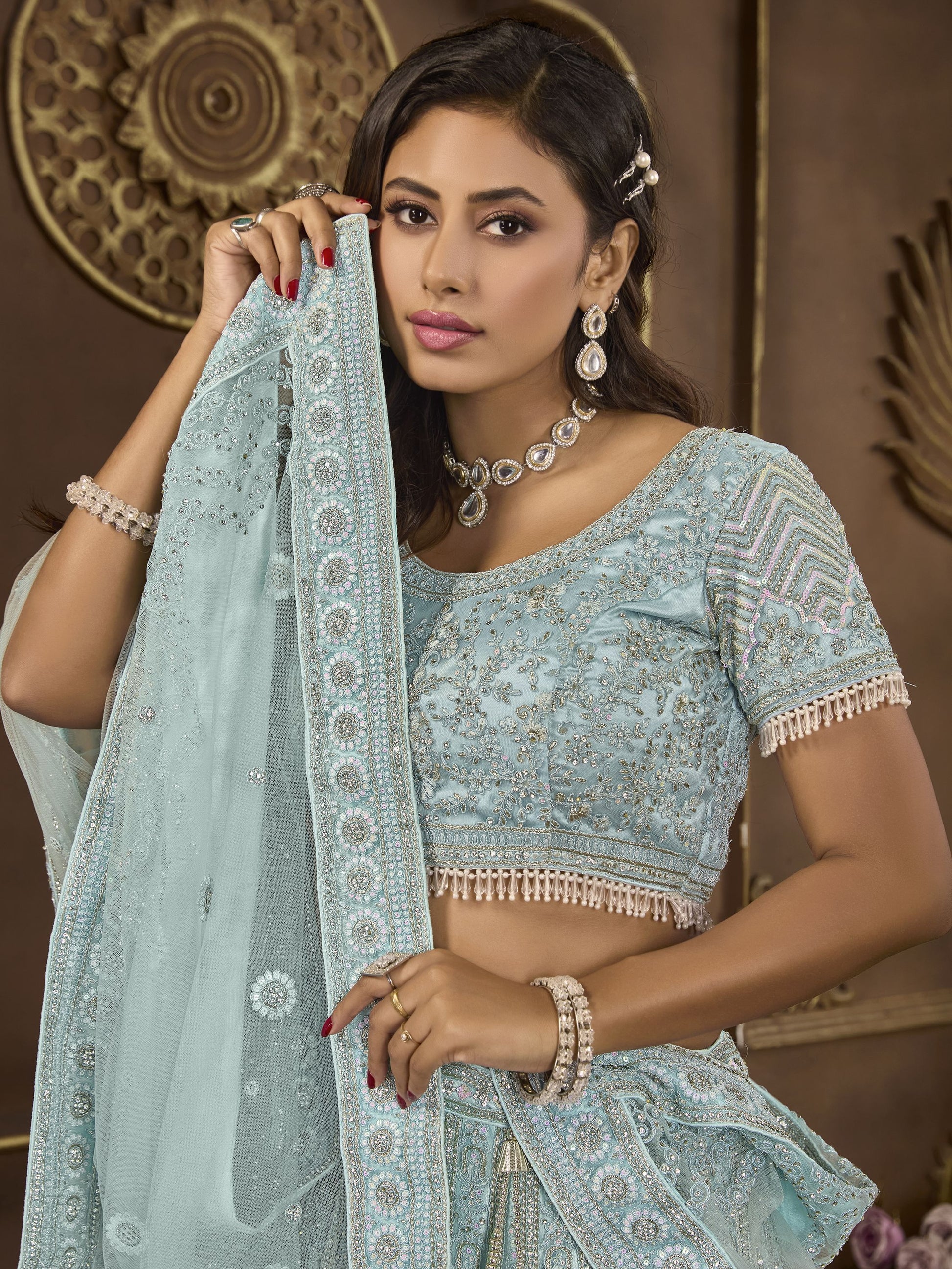 Sky Blue Net Lehenga choli online  
