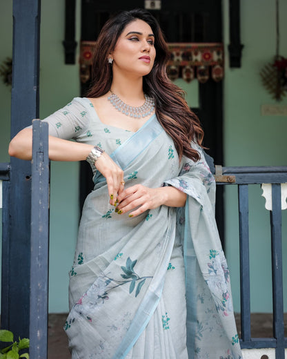 Light Blue color linen printed saree with blouse online