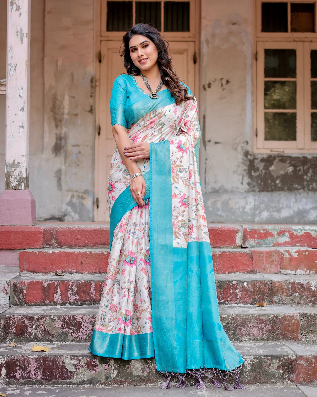 Sky color linen printed saree for women