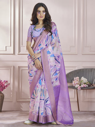 Purple color cotton art silk printed saree online shopping
