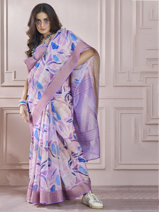 Purple color cotton art silk printed saree images
